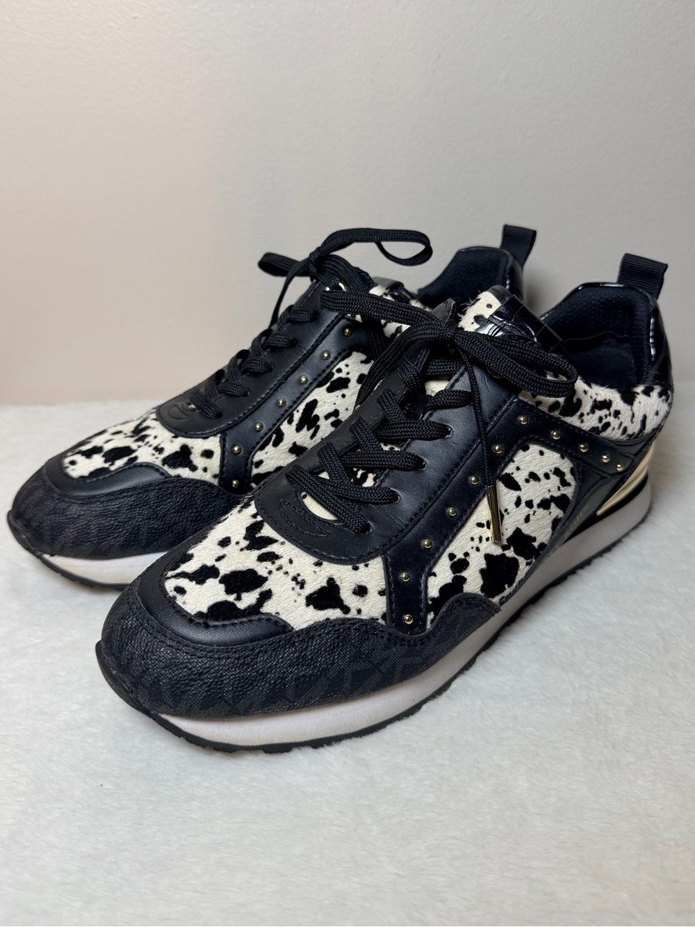 Michael Michael Kors Black & White Calf Hair ‘Wilma’ Trainers Emblem Trim Size 9